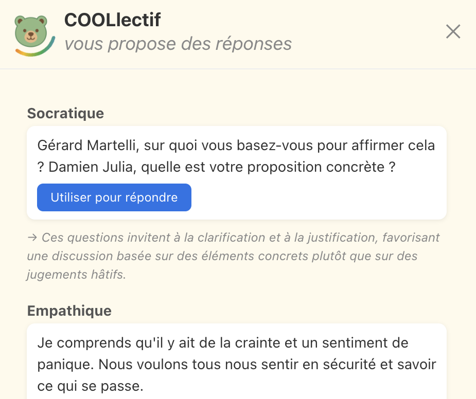 Propositions de réponses apaisantes par les personas
